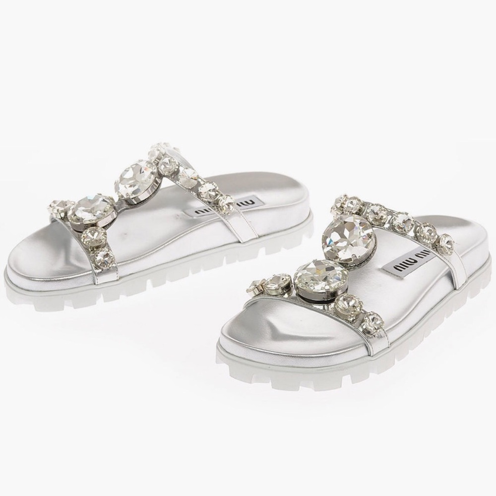 NWT Miu Miu 38.5 Crystals Leather Jewel Slides Sandals Rhinestones Glass Silver